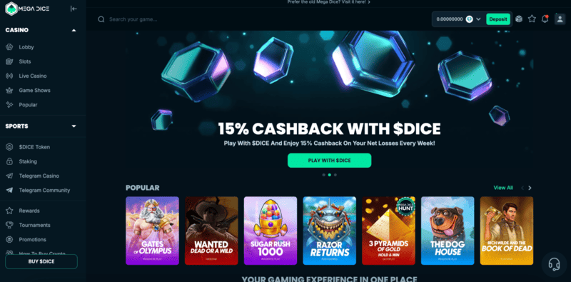 Mega Dice – kryptocasino med omedelbara uttag (skärmdump från webbplatsen)